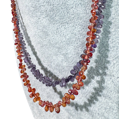 Blood Orange Sapphire Teardrops Beaded Necklace 14k and purple sapphire