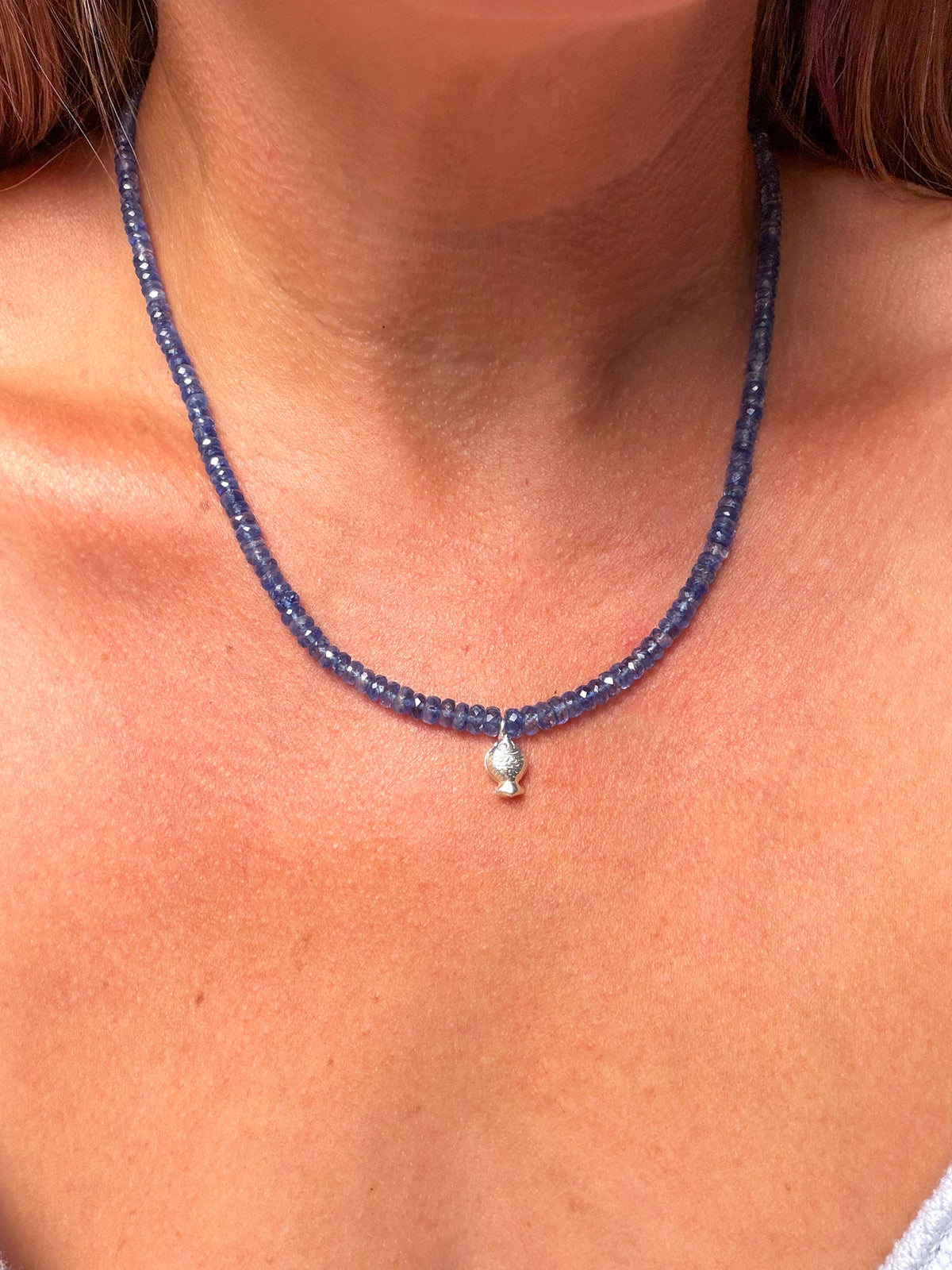 Made to order: Blue Kyanite Worry Fish Necklace, Sterling Silver