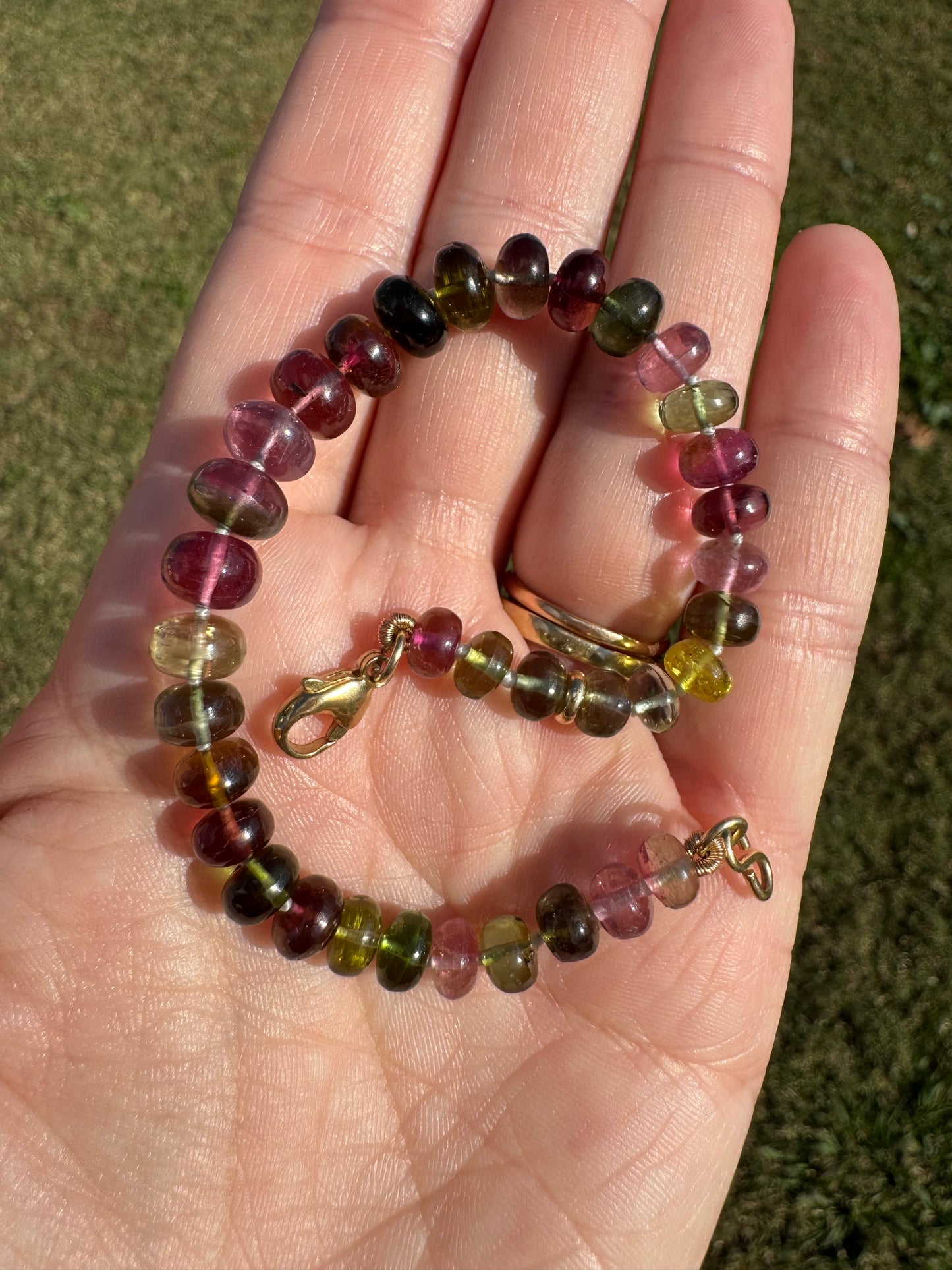 Tourmaline Knotted Gemstone Bead Bracelet 14k Solid Gold