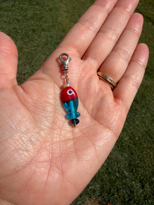 Blue and Red Murano Glass Fishy Charm Sterling Silver Swivel Clip