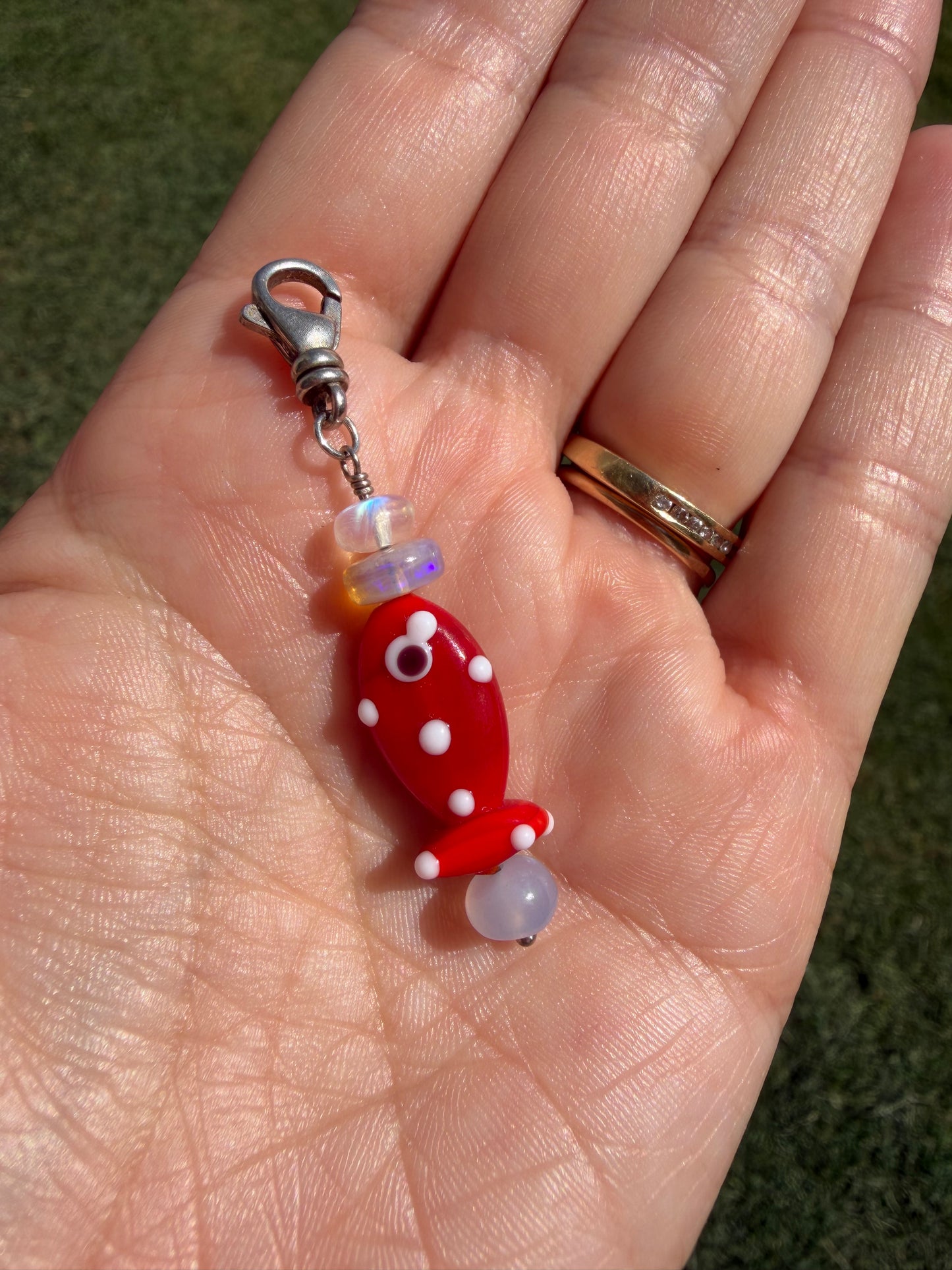 Red Spotted Murano Glass Fishy Charm, Sterling Silver swivel clip