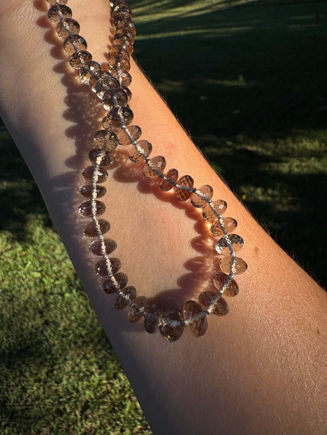 Smoky Quartz Strand, 14k Gold, a close look at the stones