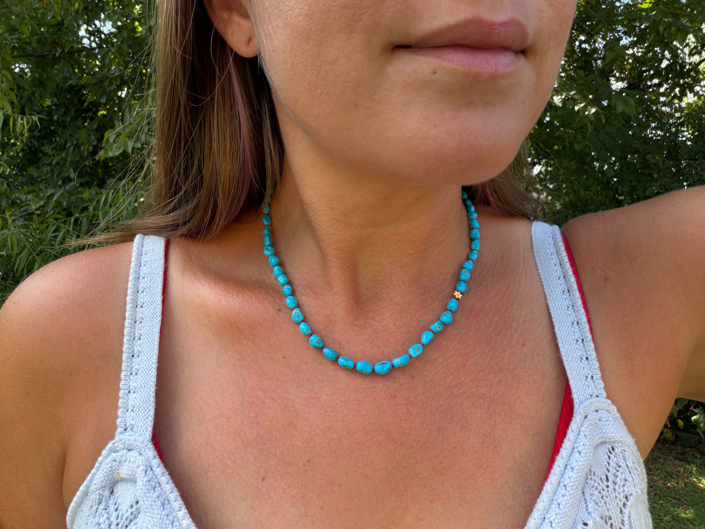 Sleeping Beauty Turquoise Knotted Gem Necklace, 18K Daisy Accent
