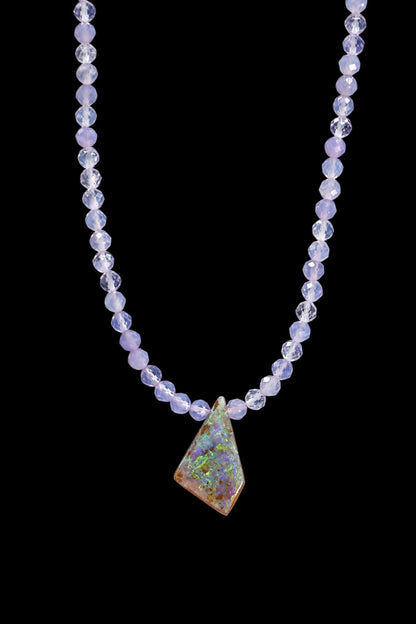 One of a Kind Australian Boulder Opal and Lavender Quartz Necklace 14k