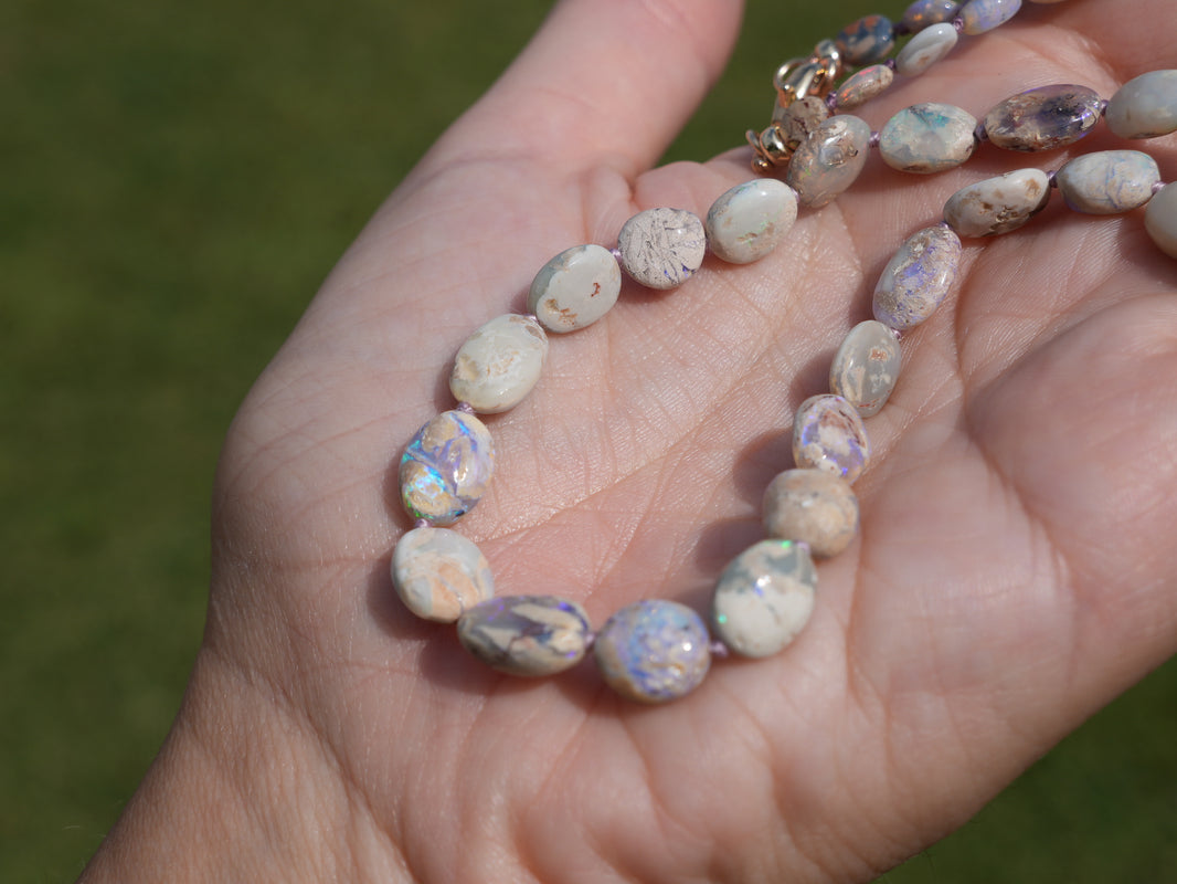 Opal Drift, Australian Opal Nugget Strand in 14k Gold, a close look at the stones