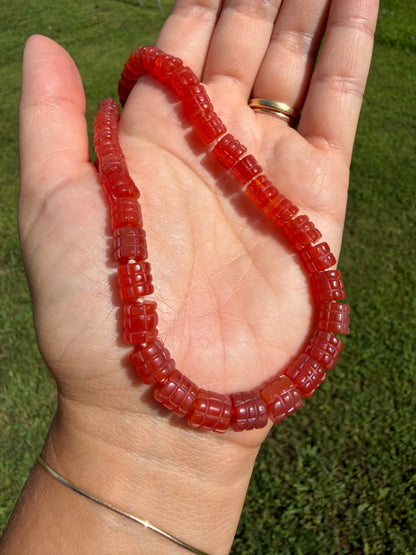 Glowing Carved Carnelian Knotted Bead Necklace 14k Gold Filled