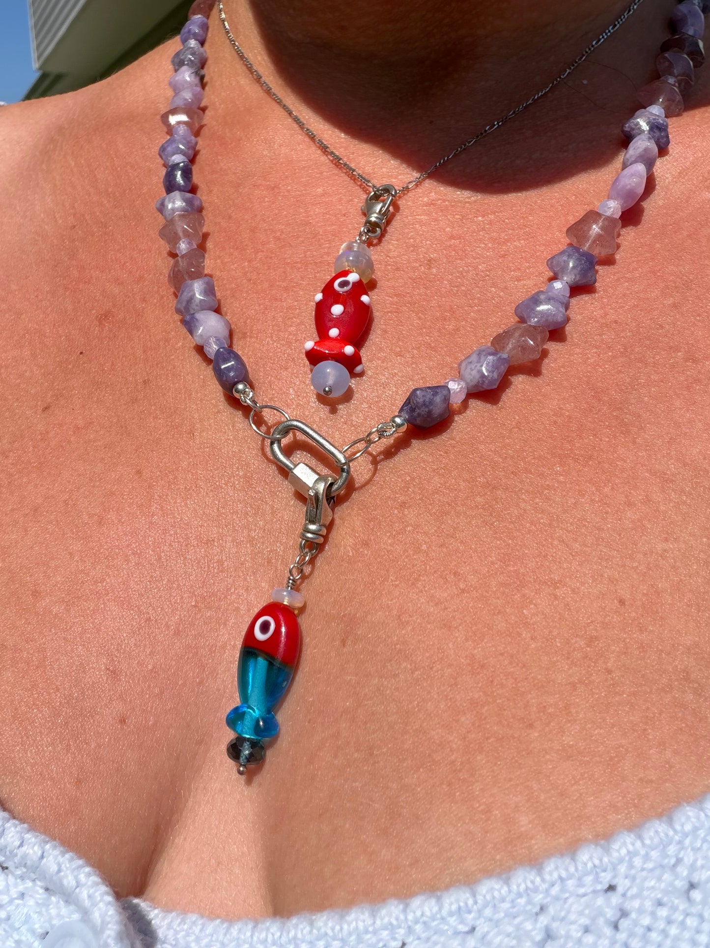 Blue and Red Murano Glass Fishy Charm Sterling Silver Swivel Clip