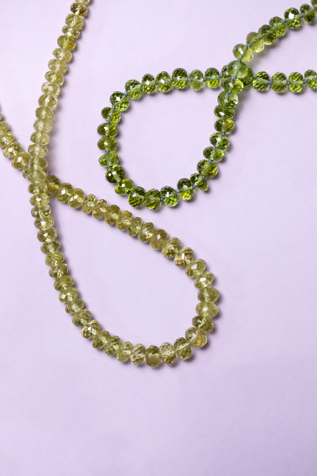 Green Fire, Grossular Garnet Strand in 14k Gold, a close look at the stones