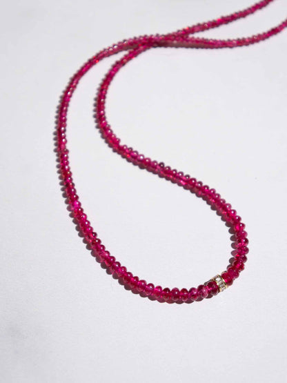 Electric Ruby Red Spinel And Diamond 14k Gold Beaded Necklace