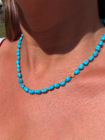 Sleeping Beauty Turquoise Knotted Gem Necklace, 18K Daisy Accent