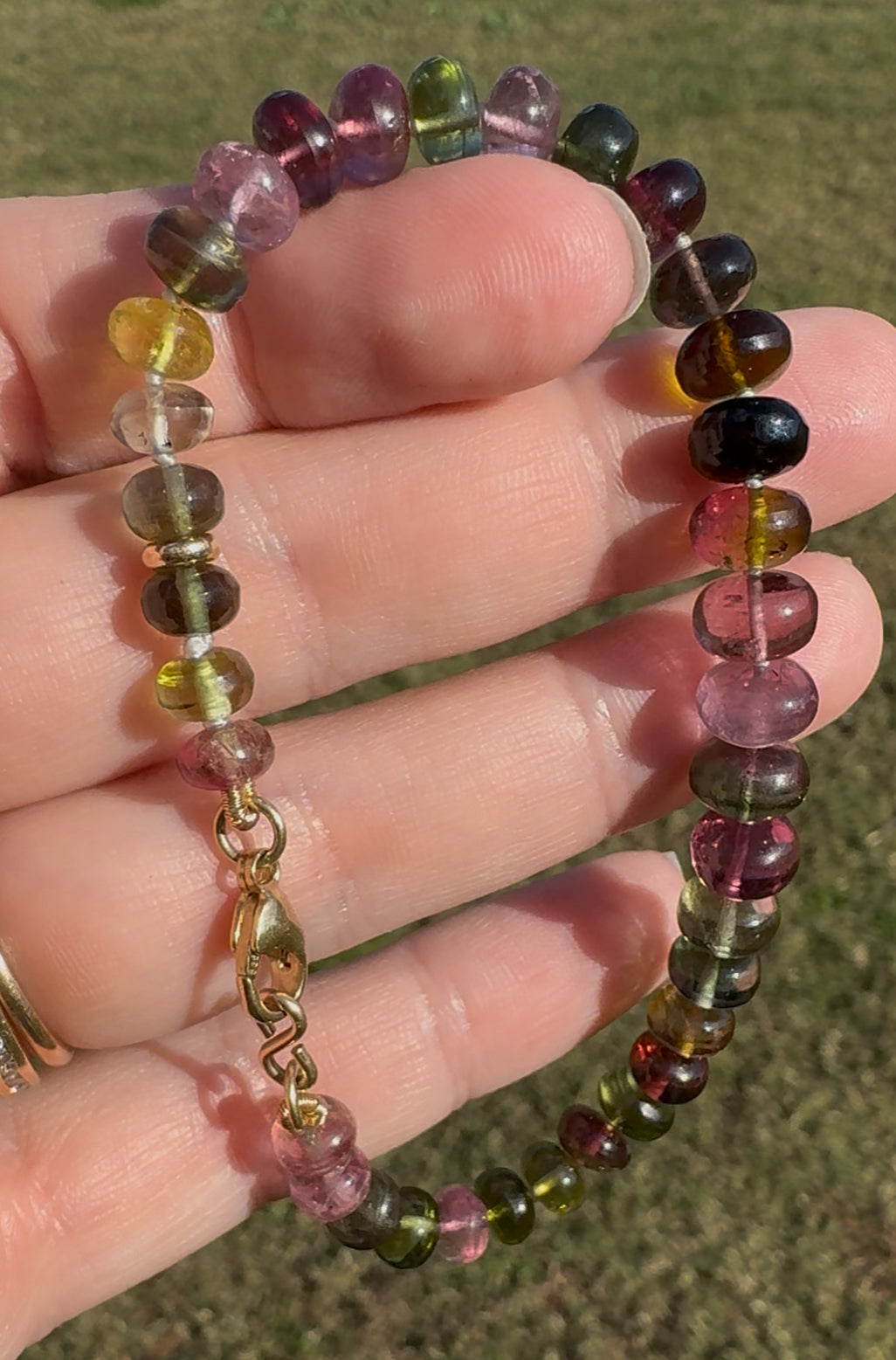 Tourmaline Knotted Gemstone Bead Bracelet 14k Solid Gold