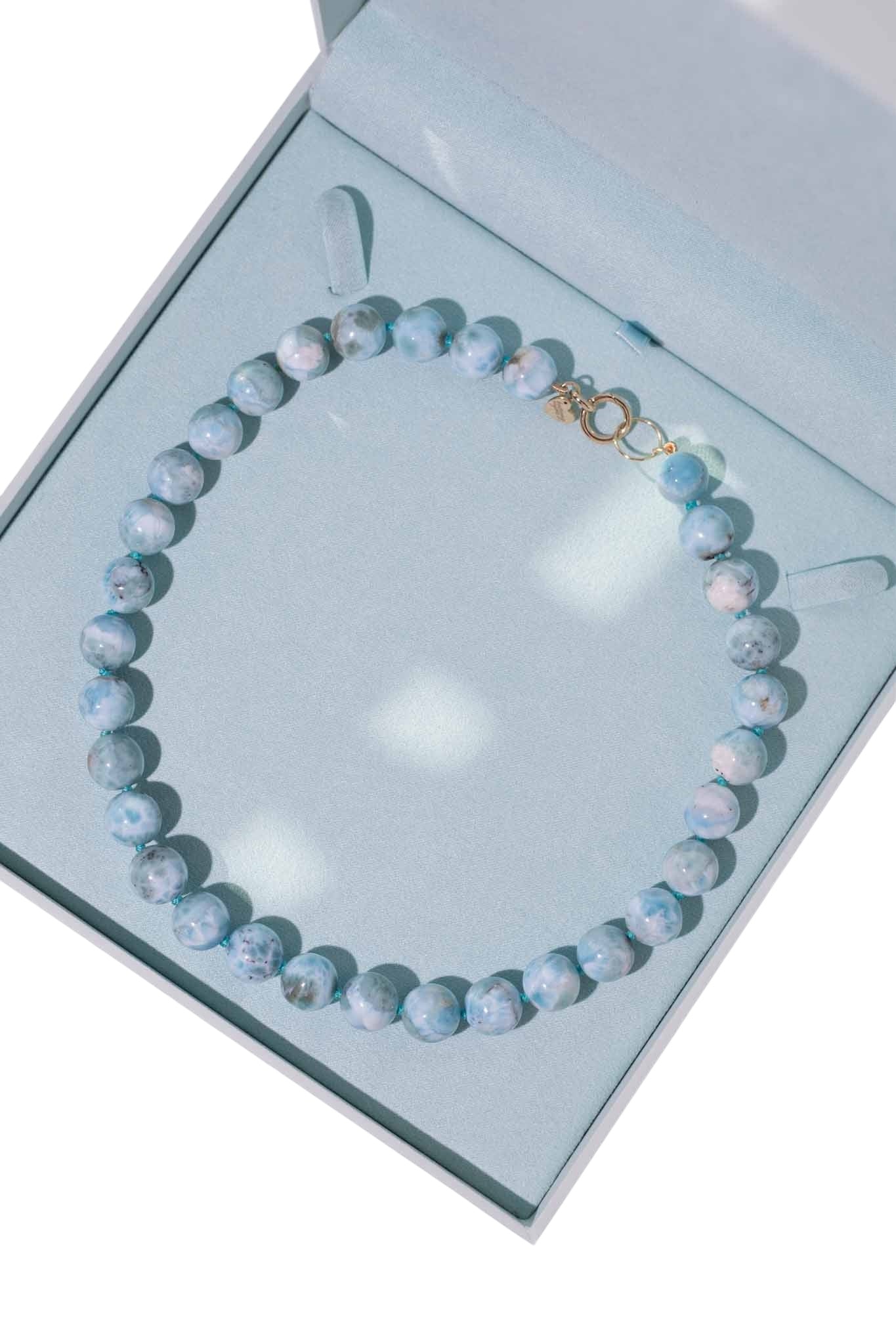 Natural Larimar Knotted Bead Necklace 14k