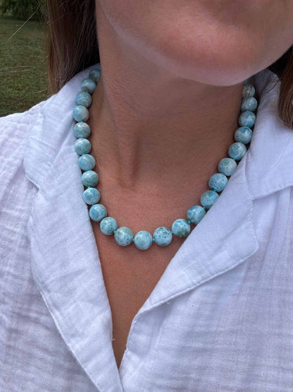 Natural Larimar Knotted Bead Necklace 14k