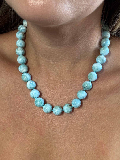 Natural Larimar Knotted Bead Necklace 14k