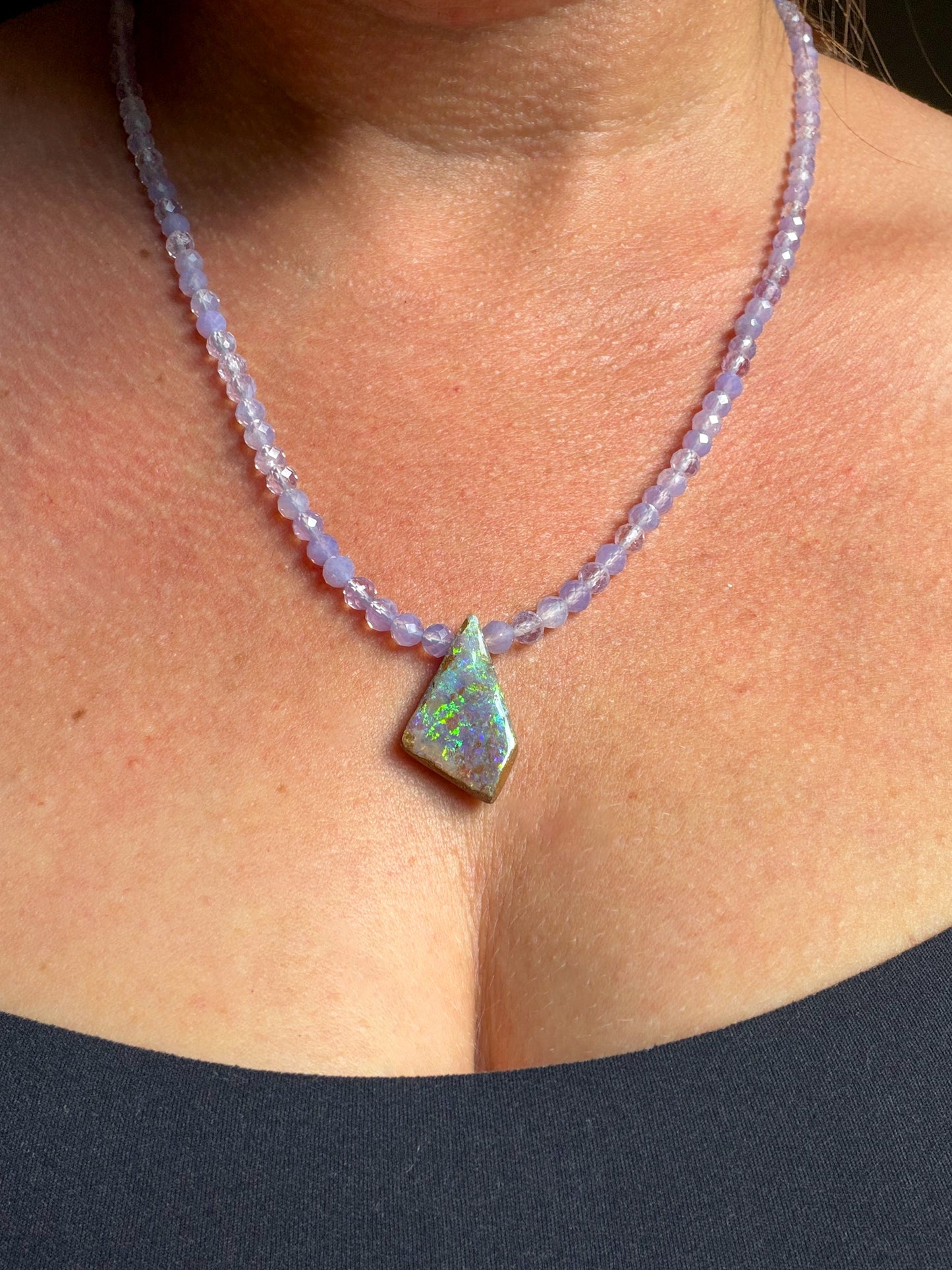 Desert Violet, Lavender Quartz and Boulder Opal Pendant in 14k Gold