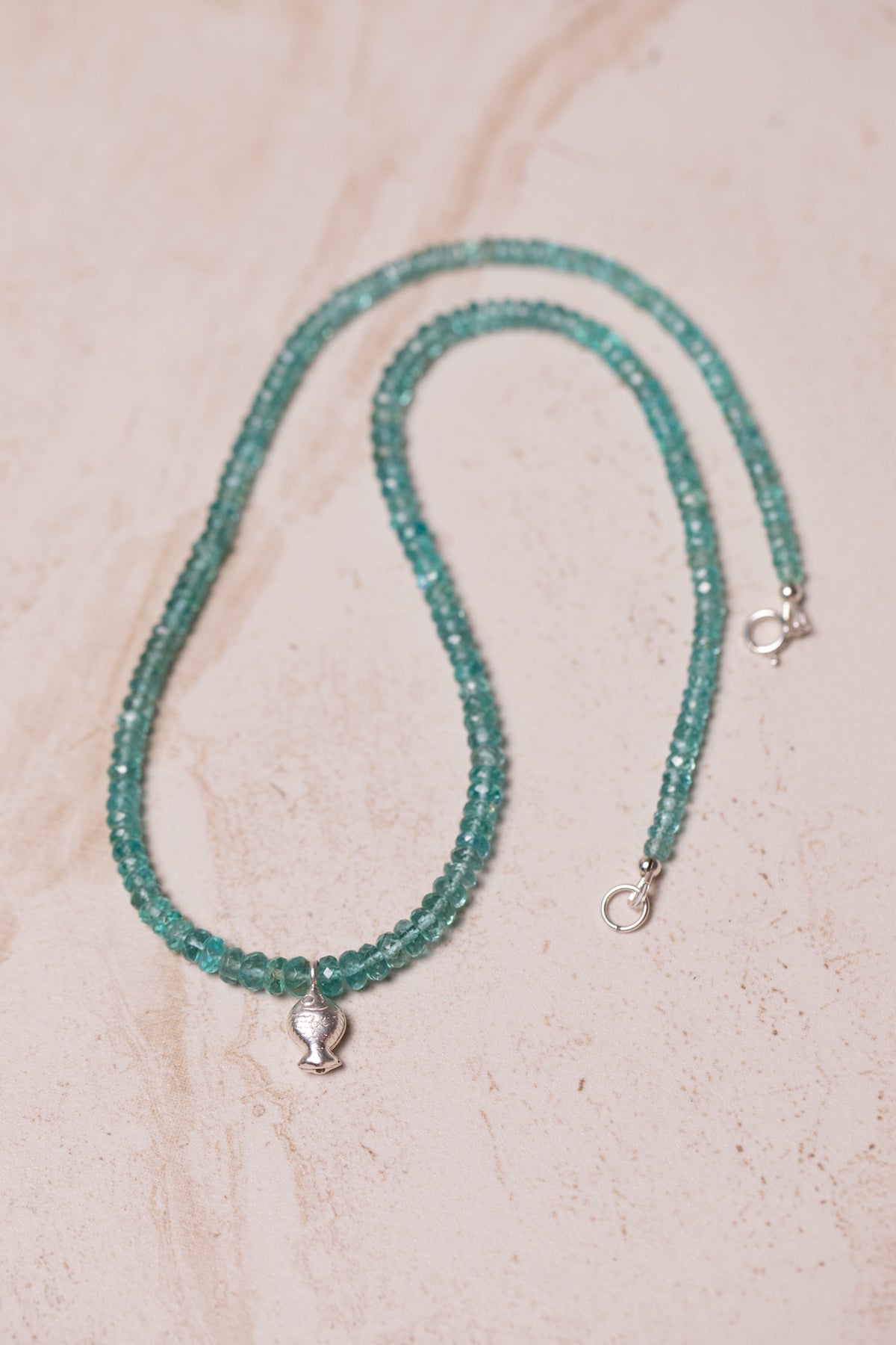 Made to Order: Caribbean Blue Apatite Worry Fish Necklace, Sterling Silver