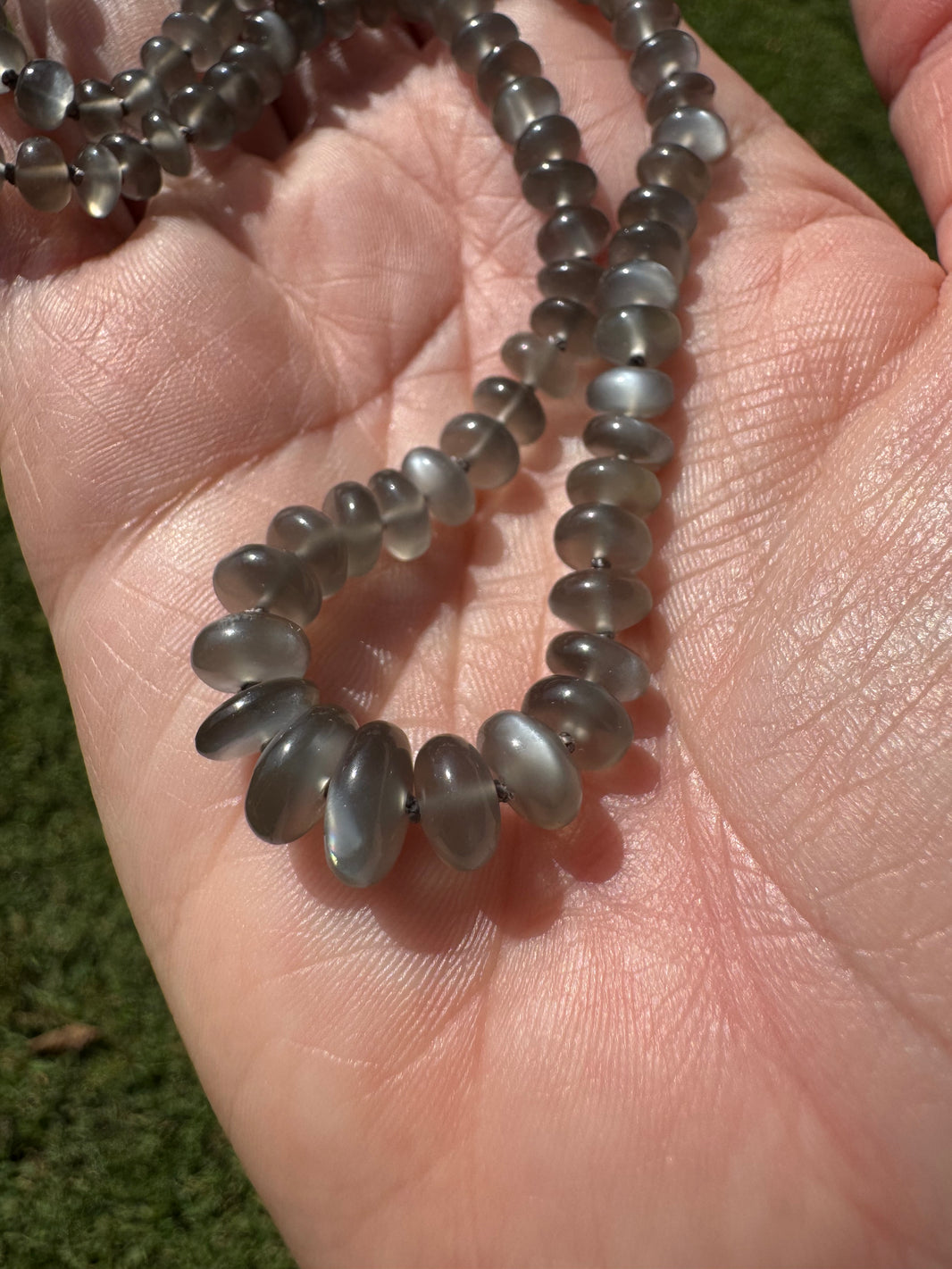 Platinum Moonstone Strand in 14k Gold, a close look at the stones