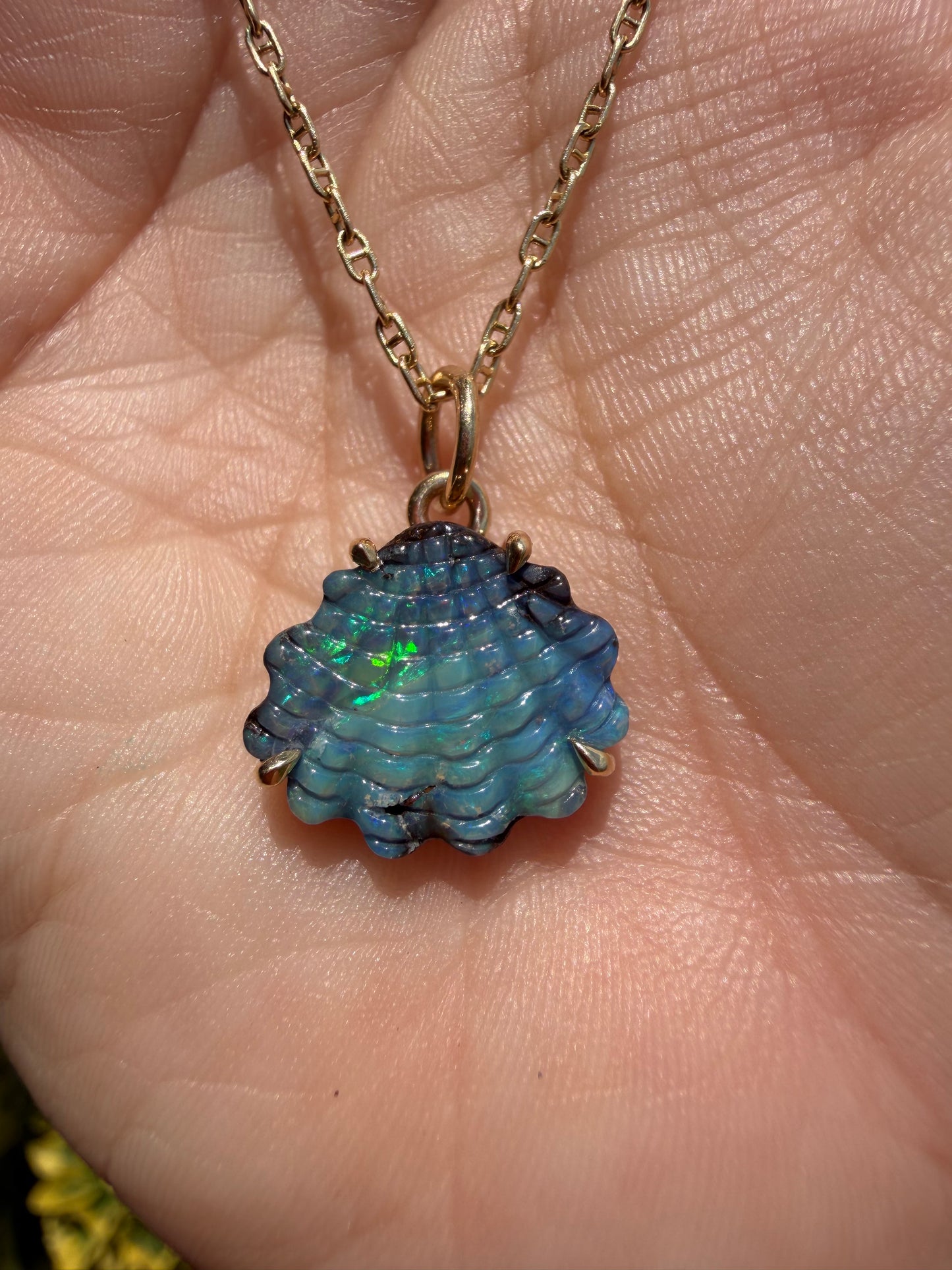 Australian Boulder Opal Shell Charm 14k Gold, Scallop 2