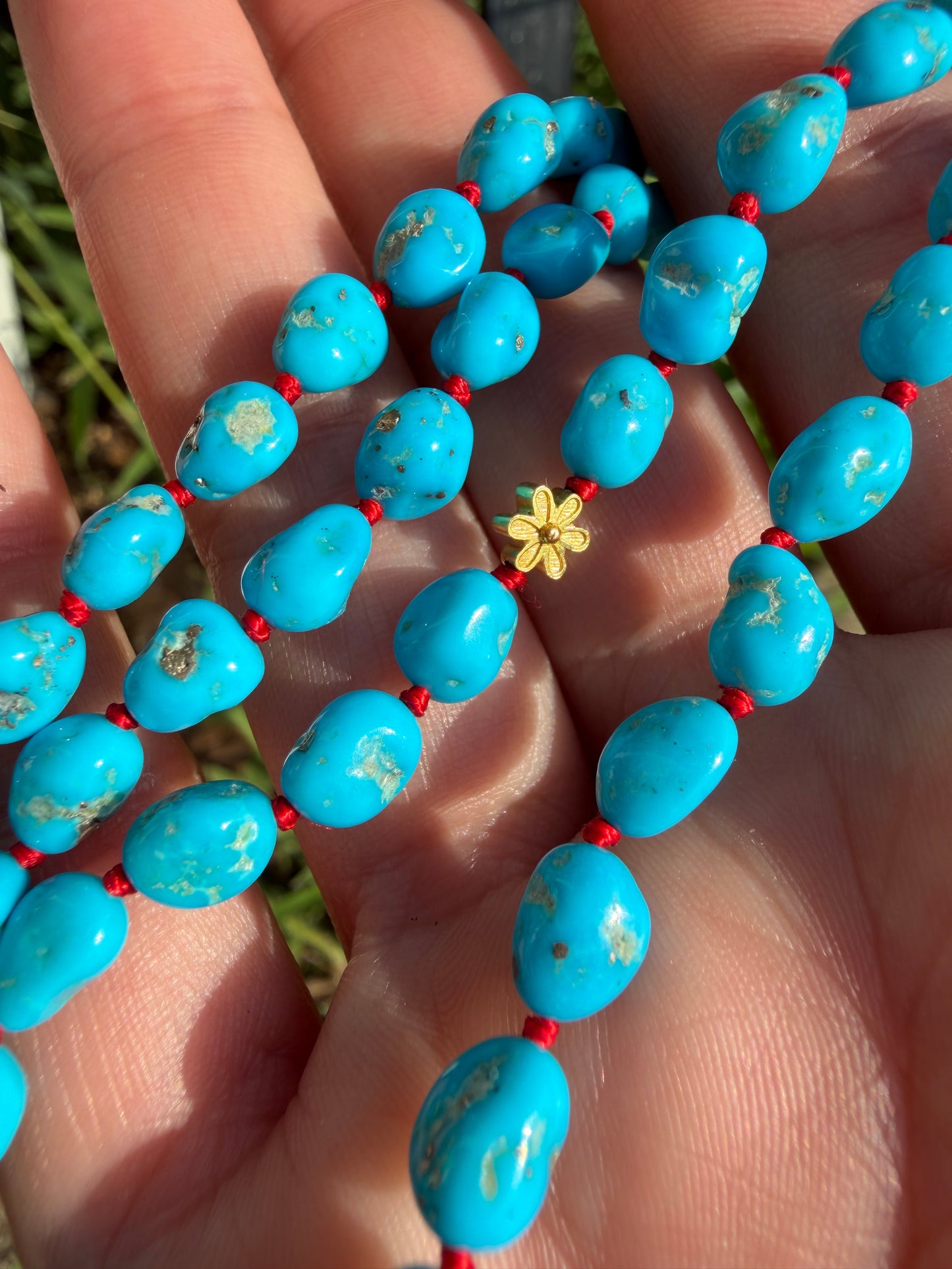 Sleeping Beauty Turquoise Knotted Gem Necklace, 18K Daisy Accent