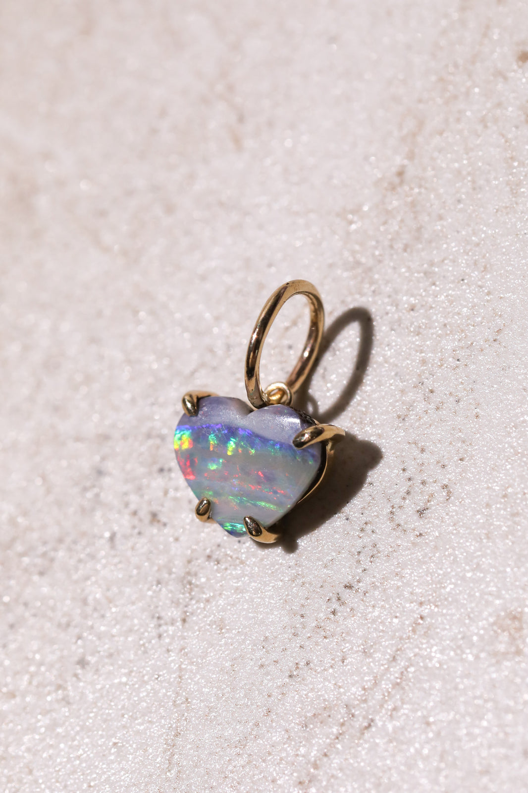 Rainbow Banded Australian Boulder Opal Heart Charm, 14k Gold, a close look at the stones
