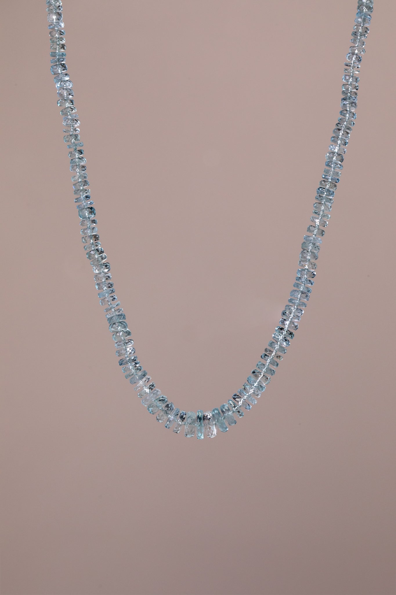 Aquamarine Faceted Heishi Silk-Knotted Gemstone Beaded Necklace 14k Gold