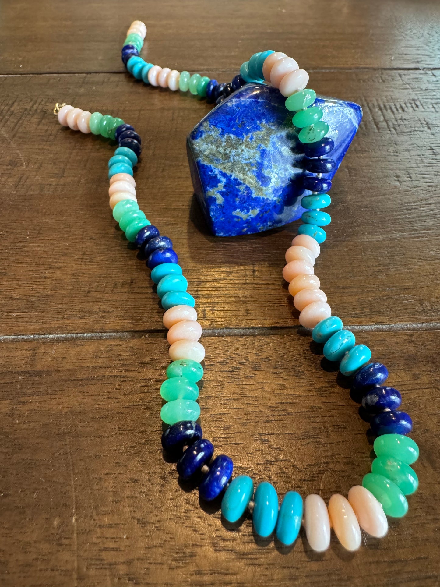 One of a Kind Multi-Gemstone Strand Necklace 14k - Pink Opal, Lapis, Turquoise, Chrysoprase