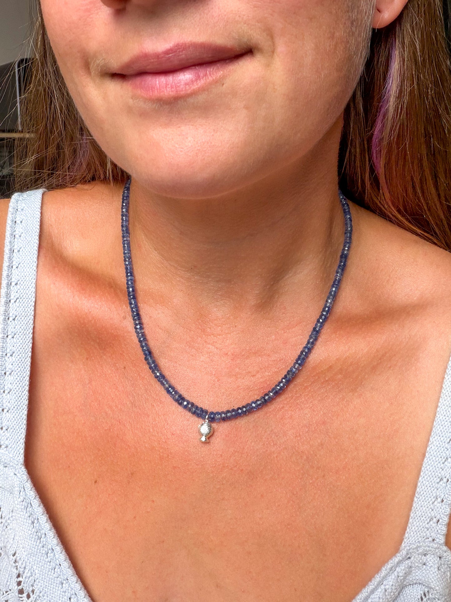 Made to order: Blue Kyanite Worry Fish Necklace, Sterling Silver