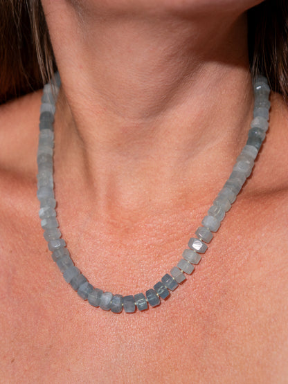 Lake Waters - Mossy Aquamarine Crystal Cut Knotted Gemstone Necklace in Sterling Silver, 14k White Gold