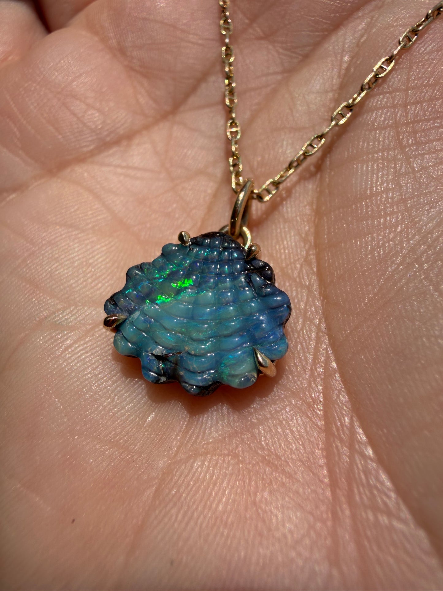 Australian Boulder Opal Shell Charm 14k Gold, Scallop 2