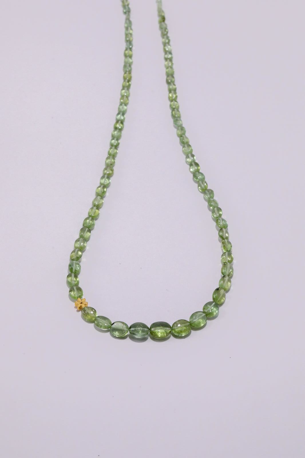 Green Tourmaline Nugget Strand, 14k Gold, a close look at the stones