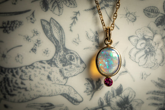 Australian Opal & Rhodolite Garnet Charm, 14k Gold