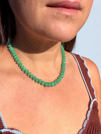 Apple Green Chrysoprase Faceted Saucer Hand Knotted Necklace in 14k Solid Gold