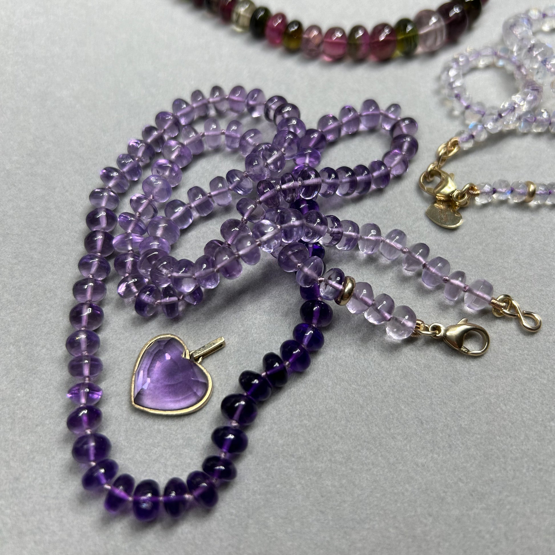 Long Ombré Amethyst Knotted bead candy necklace Strand 14K