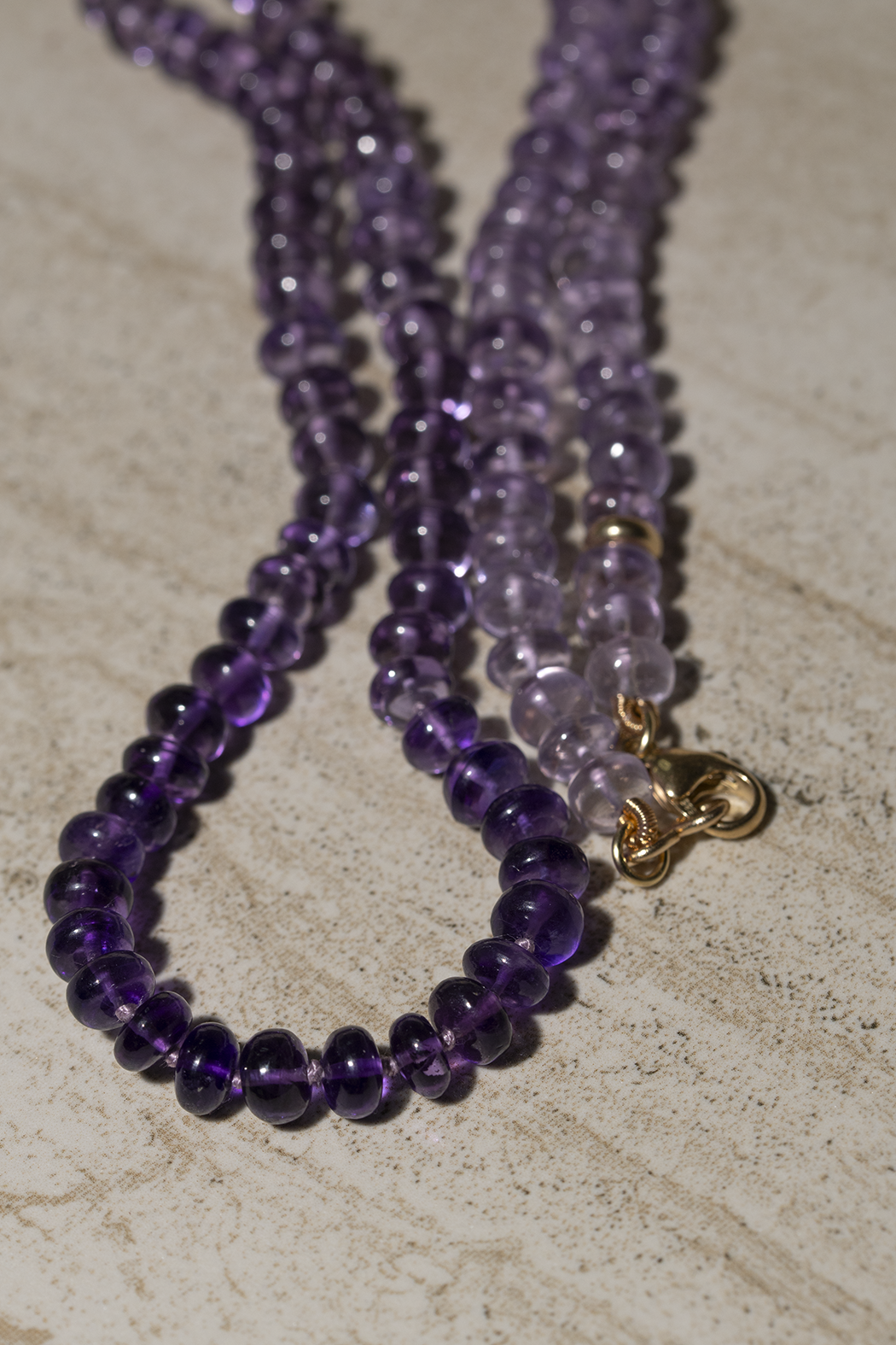Long Ombré Amethyst Knotted bead candy necklace Strand 14K