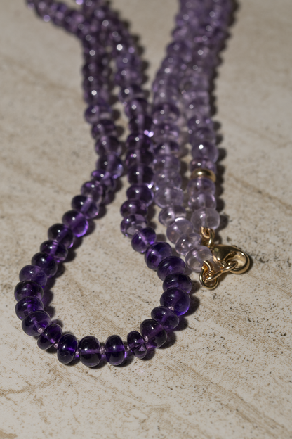 Long Ombré Amethyst Knotted bead candy necklace Strand 14K
