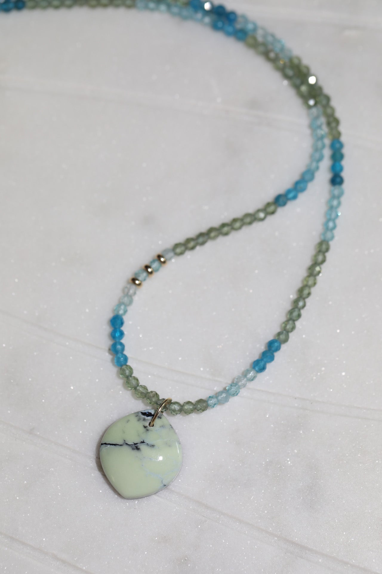One of a Kind Apatite and Hotsonite Beaded Necklace 14k