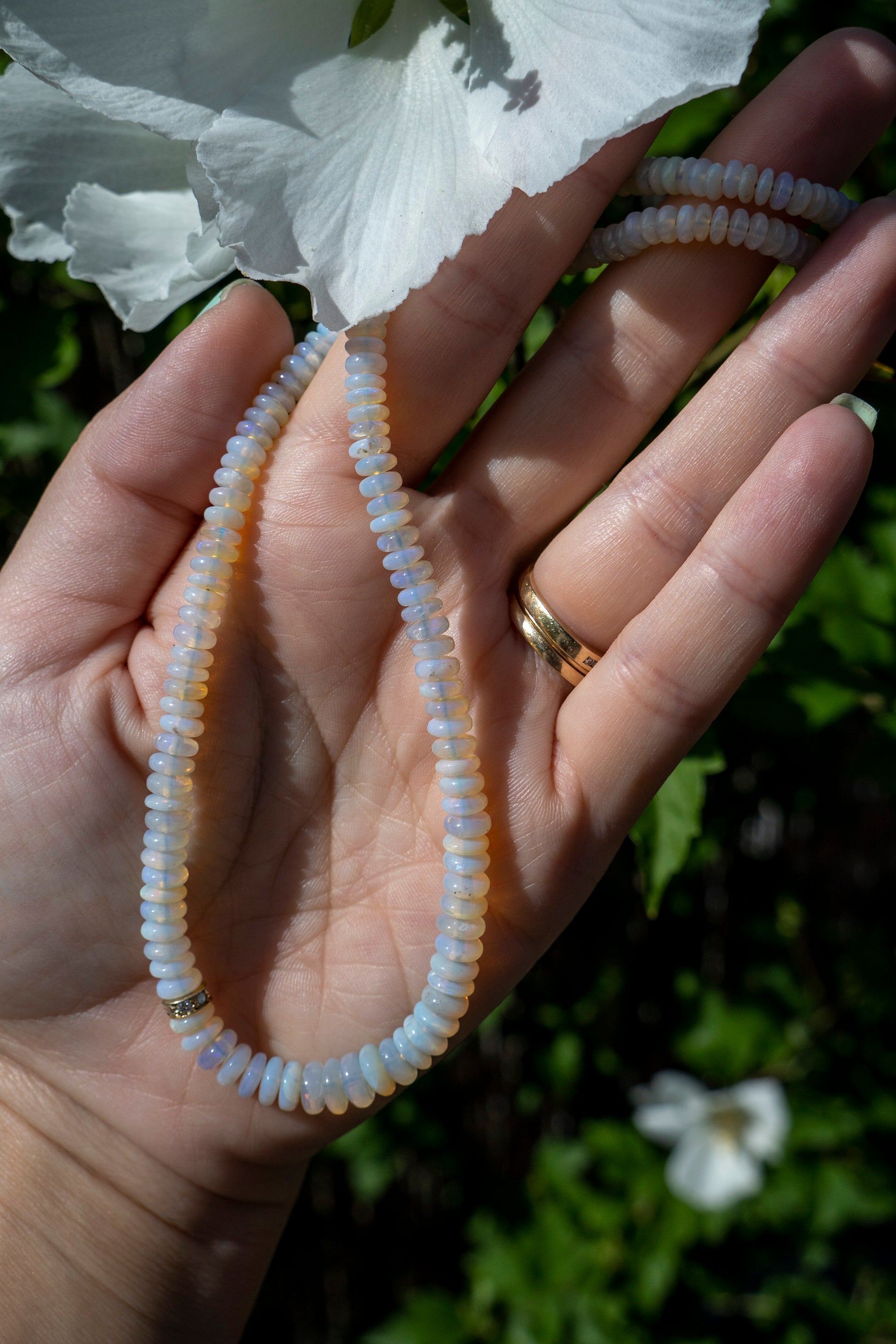 Australian Opal Beaded Necklace with Diamond Accent 14k Gold