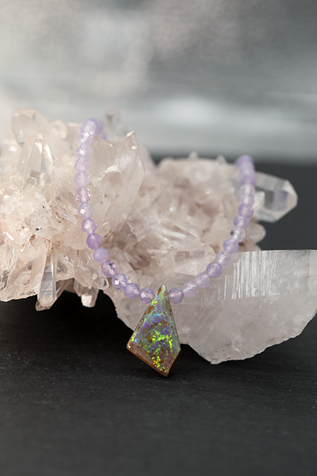 One of a Kind Australian Boulder Opal and Lavender Quartz Necklace 14k