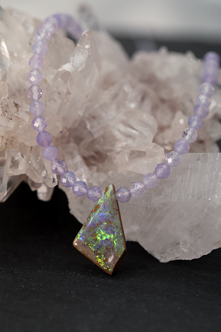 One of a Kind Australian Boulder Opal and Lavender Quartz Necklace 14k