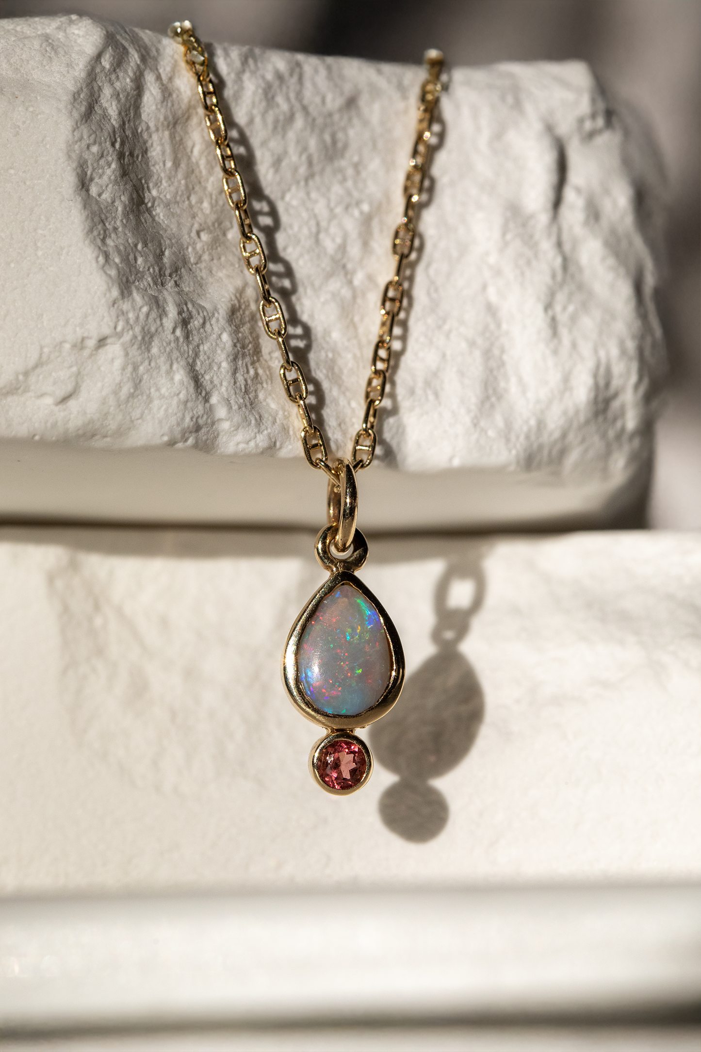 Australian Opal & Rhodolite Garnet Charm, 14k Gold