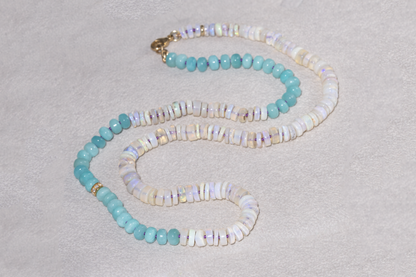 One of a Kind White Australian Opal, Blue Amazonite, and Diamond Knotted Gemstone Necklace