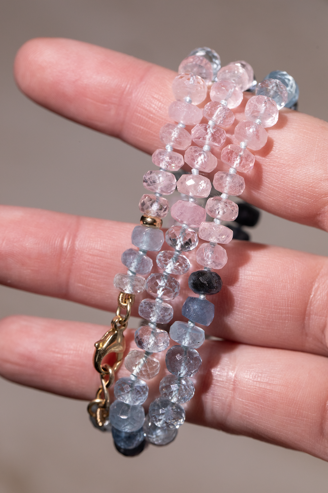 Soft Spectrum, Aquamarine and Morganite Beryl Strand in 14k Gold, a close look at the stones
