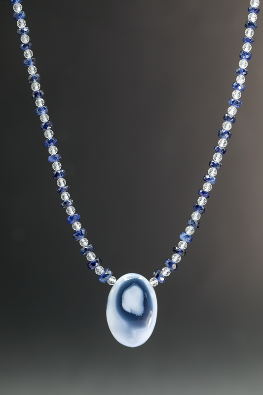 One of a Kind Mixed Gem - Blue Oregon Opal, Kyanite, White Topaz Necklace 14k