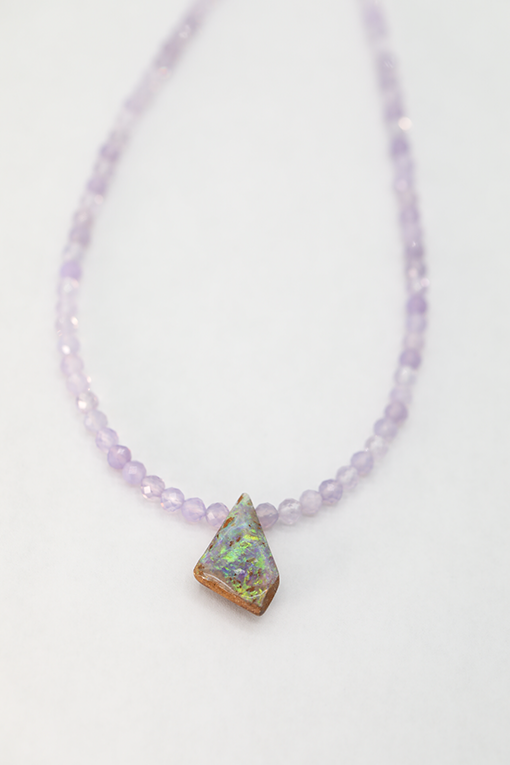 One of a Kind Australian Boulder Opal and Lavender Quartz Necklace 14k