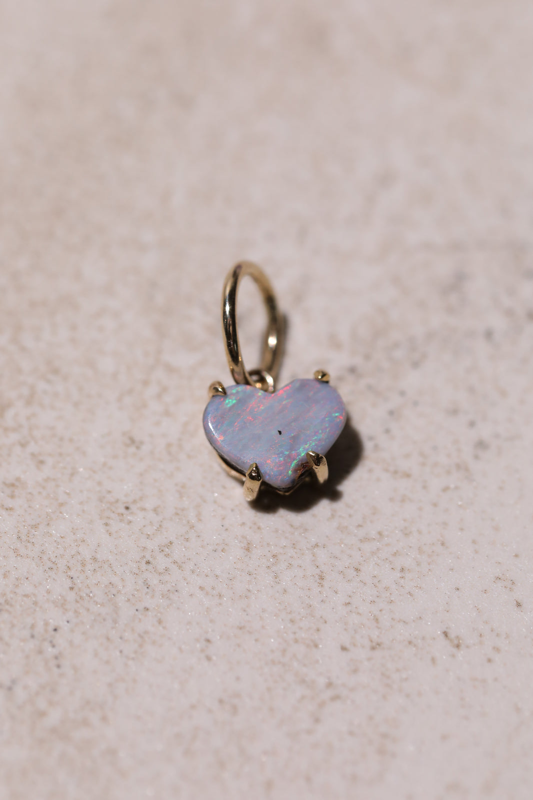 Small Red Flash Australian Boulder Opal Heart Charm, 14k Gold, a close look at the stones