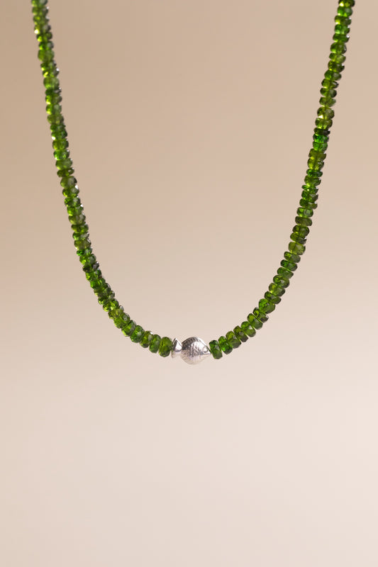 Chrome Diopside Worry Fish Necklace Sterling Silver 17.25 inch, handmade by Brittany Myra Jewelry