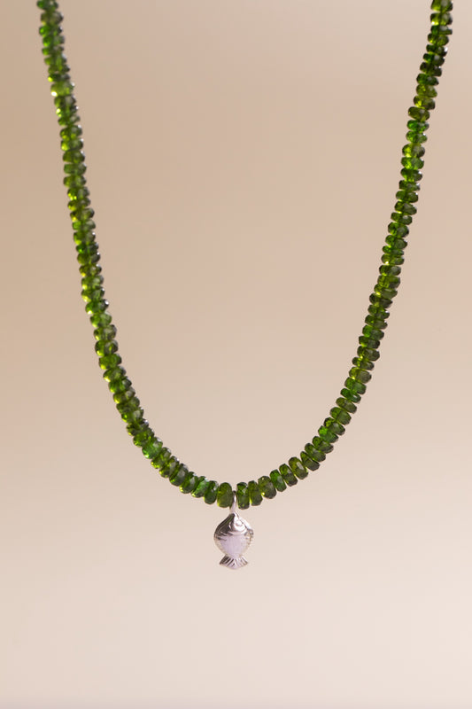 Chrome Diopside Worry Fish Necklace Sterling Silver 19 inch, handmade by Brittany Myra Jewelry