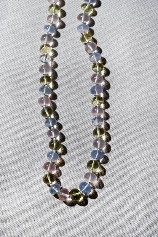 mixed gem quartz candy necklace colorful rainbow pastel knotted bead necklace multi quartz pink purple rose quartz 14k