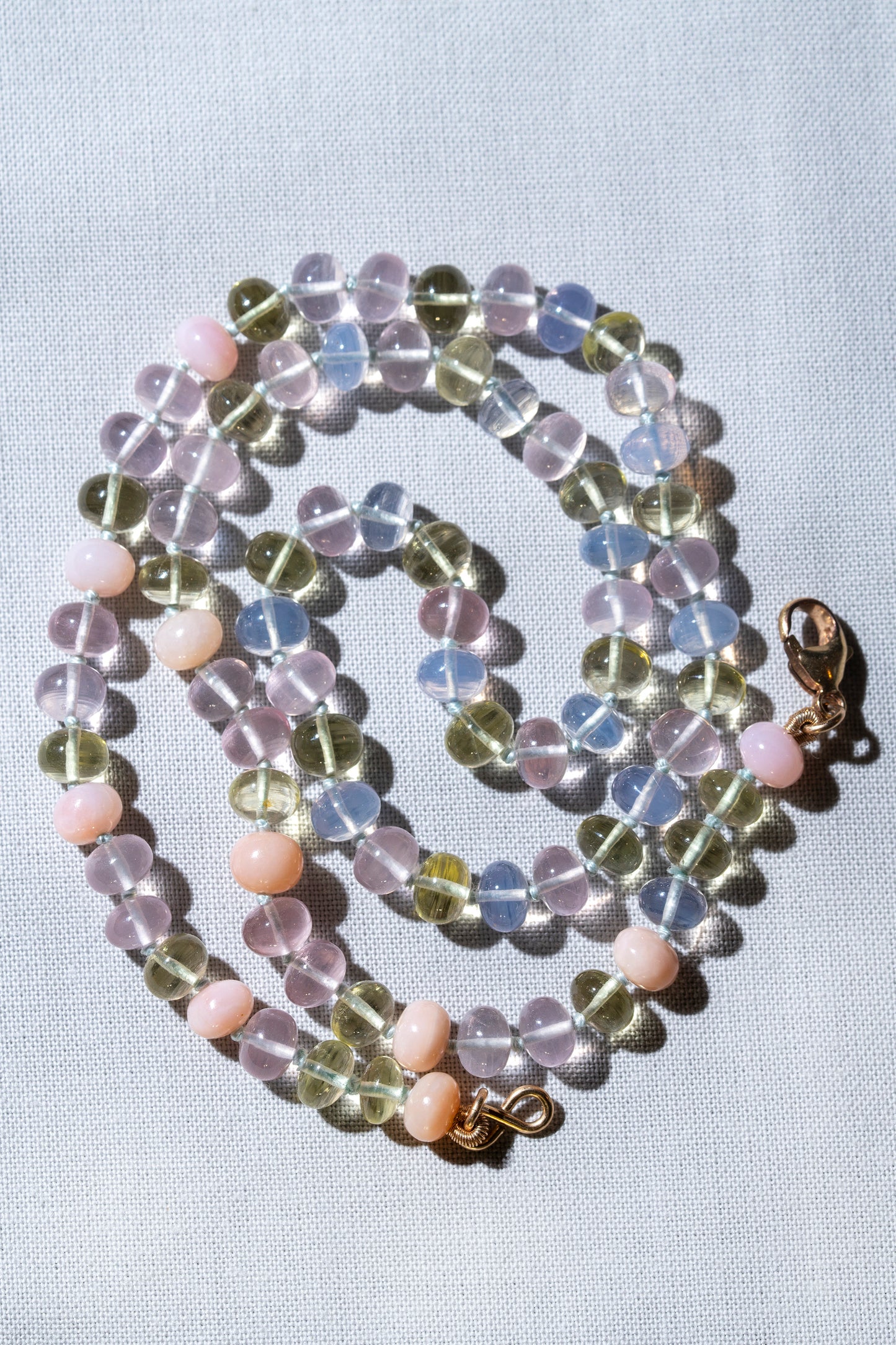 mixed gem quartz candy necklace colorful rainbow pastel knotted bead necklace multi quartz pink purple rose quartz 14k