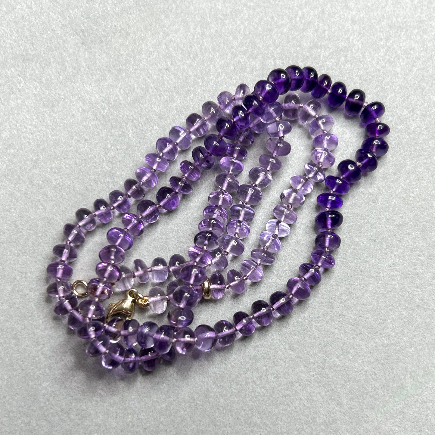 Long Ombré Amethyst Knotted bead candy necklace Strand 14K